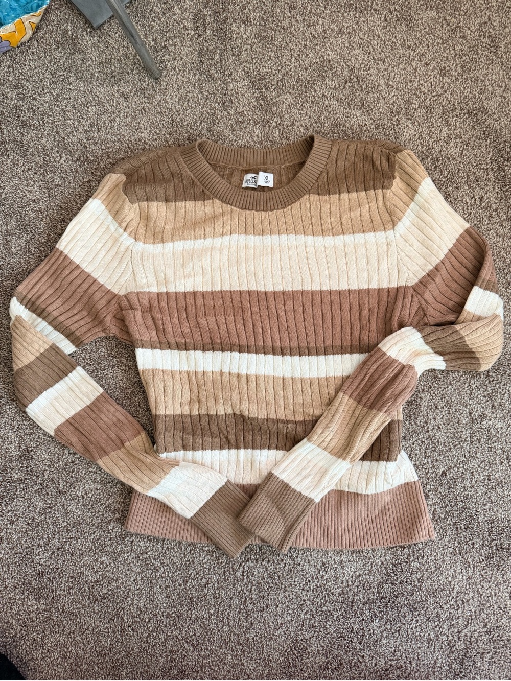 Hollister Striped Ribbed Crewneck Sweater in Cream, Tan & Brown - Picture 4 of 5